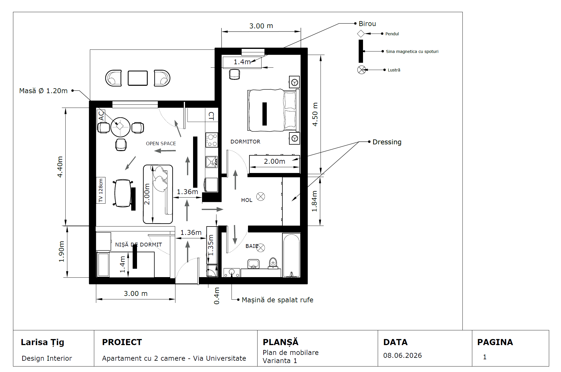 Plan mobilare — Apartament cu open space și nișă de dormit