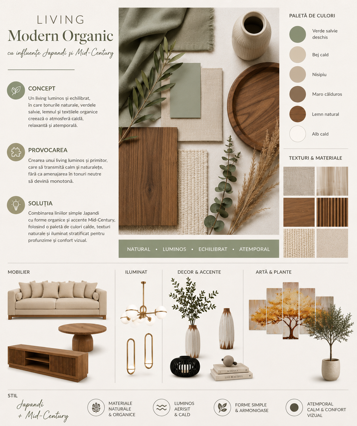 Moodboard 1 — Living Modern Organic cu influențe Japandi și Mid-Century